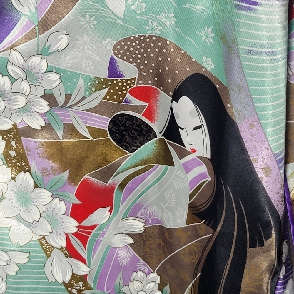 Vintage 90s Juguemm Japanese Kimono Bath Robe One Size in Purple Floral Lady - Picture 5 of 5